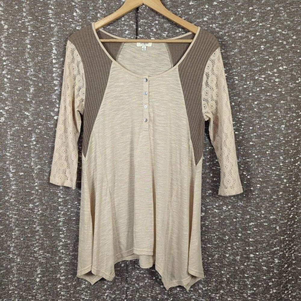 Umgee Tan/Cream 3/4 Crochet Sleeve Boho Tunic Top Women's Small